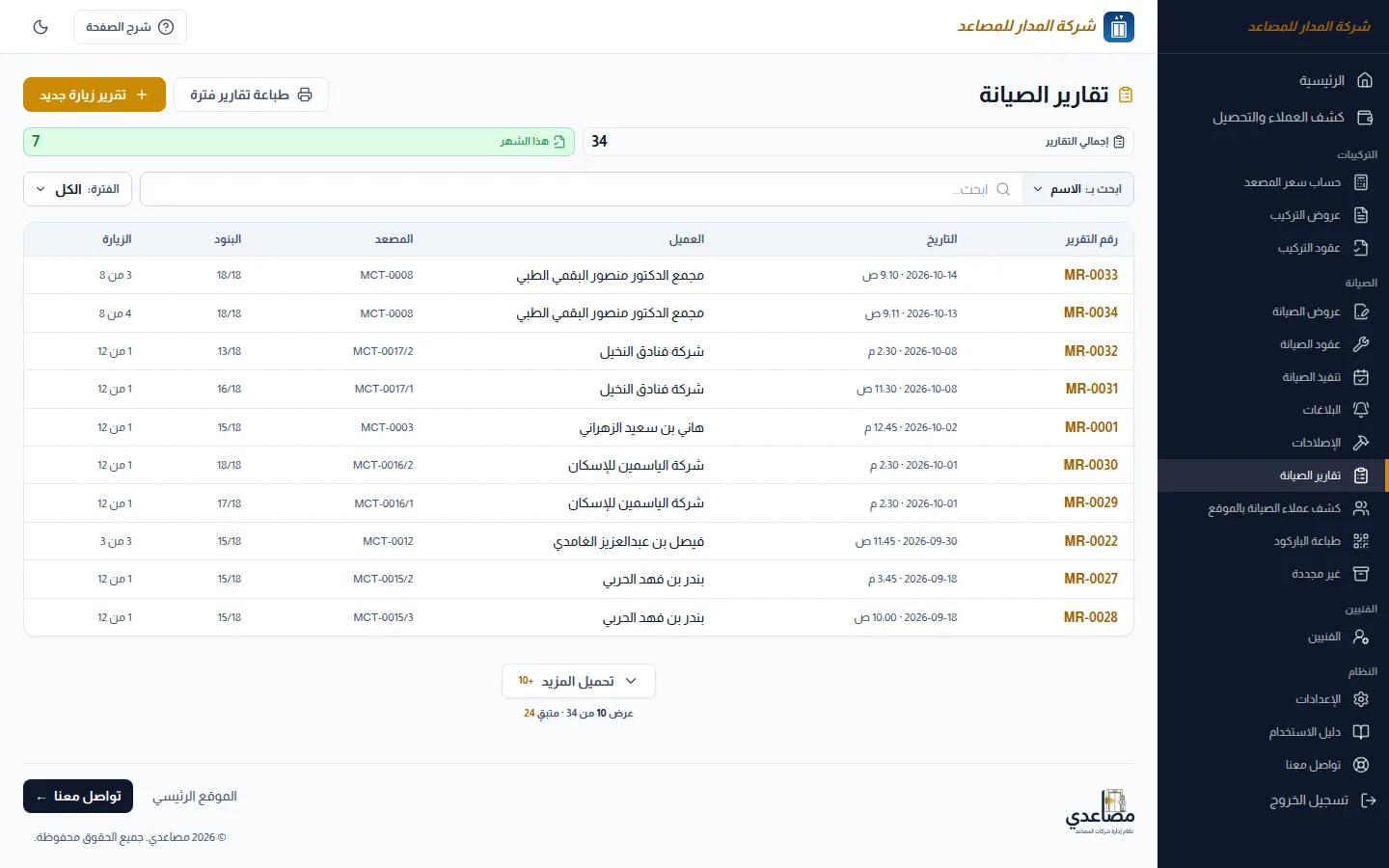 صفحة تقارير الصيانة في المكتب: رقم التقرير والتاريخ والساعة والبنود